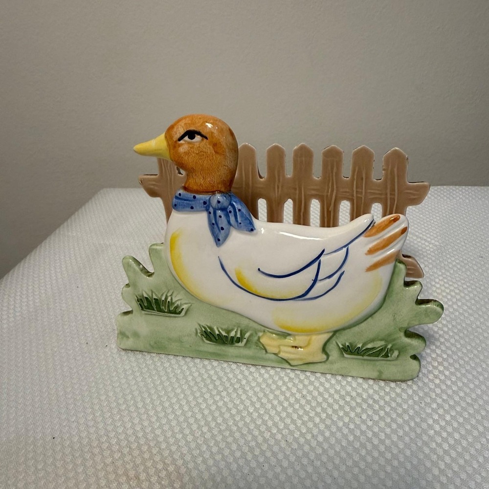 Vintage Cooks Tools Ceramic Duck Picket Fence Napkin Letter Holder Taiwan 80s